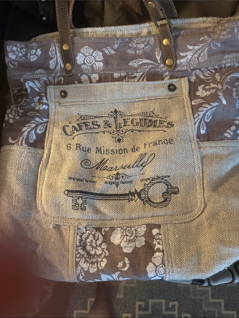 Canvas Floral Tote Bag with Printed Pocket - Beige & Brown